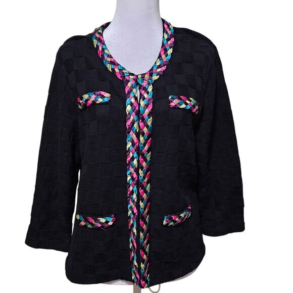 Michael Simon Cardigan Sweater Black Knit Rainbow Braid Trim Cotton Cashmere XL - Picture 1 of 8